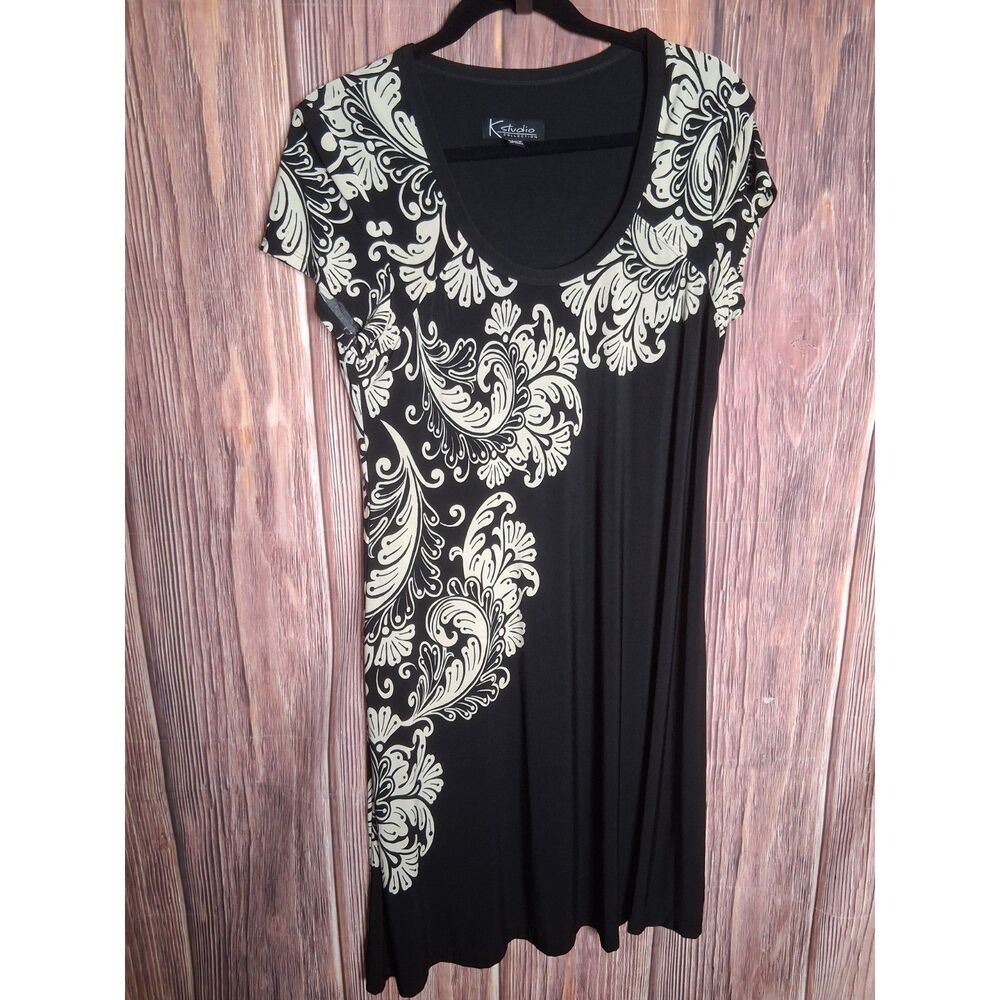 K studio black cream scroll print short sleeve dress size 10 career everyday